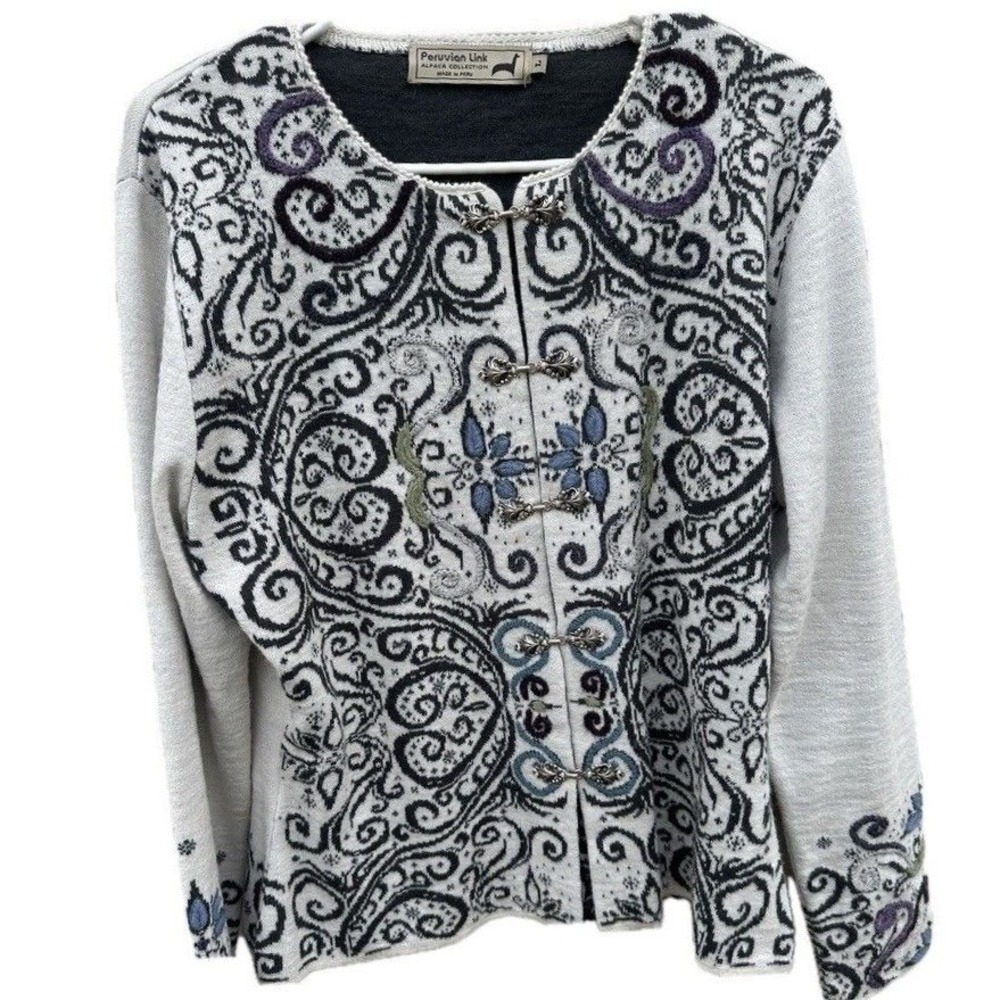 Peruvian Link Alpaca Blend Cardigan‎ Sweater Gray Paisley Metal Clasp Womens L